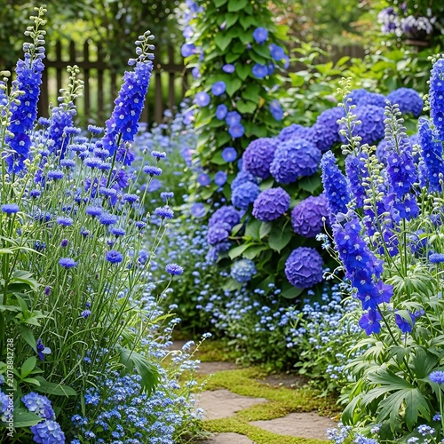 Beautiful Blue Hydrangea Garden Path Scene in Blooming Summer Landscape.