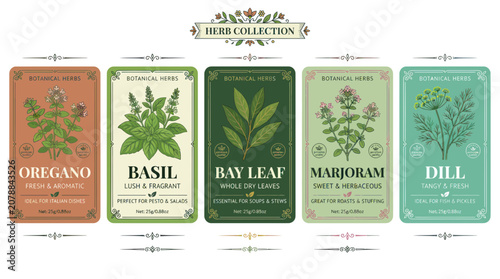 Εκτύπωση καμβά Herbs on colorful package labels.