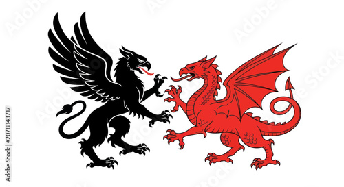 Cuadro en lienzo Black Gryphon and Red Dragon Fight.