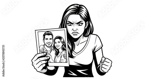 Obraz na plátne Angry woman holding photo portrait.