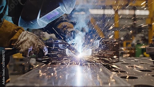 Professional welder joining metal parts with intense glowing sparks