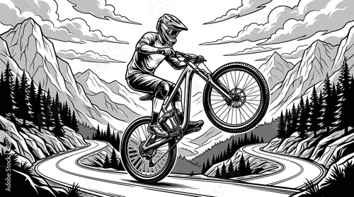 Obraz na płótnie Man Riding Mountain Bike Aerial.