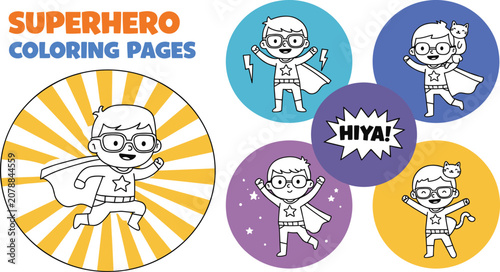 Superhero coloring pages for kids, printable activity sheets, cute superhero boy coloring set, instant download, superhero cat sidekick pages