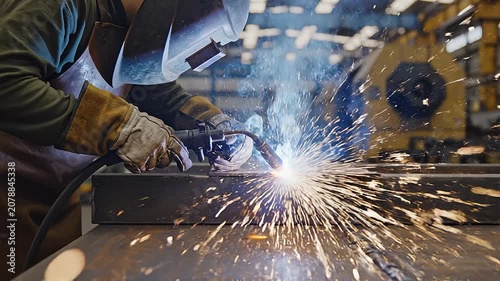 Industrial welder working on metal in a factory with flying sparks