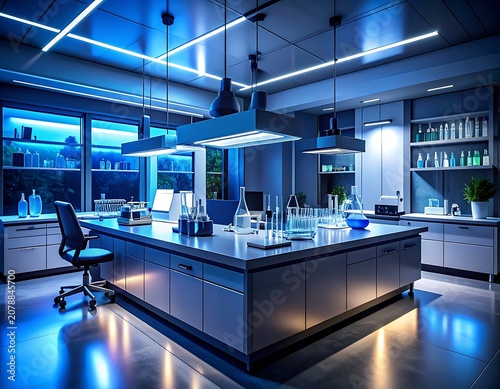 A modern laboratory with sleek countertops and blue lighting