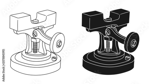 Foto Vise Mechanism Illustration: Two detailed illustrations of a mechanical vise, one in outline and the other in silhouette, showcasing its intricate parts and industrial design