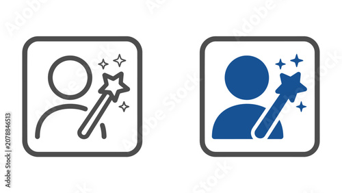 Photos Magic Wand User Icon: Two stylized icons depict a user profile silhouette holding a magic wand with sparkling stars, representing magic, innovation, or special features