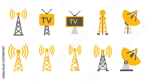 Obraz na plátně Collection of television broadcasting towers icons.