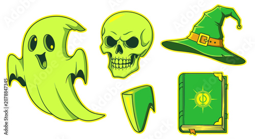 Tableau sur toile Halloween icons ghost skull hat book.