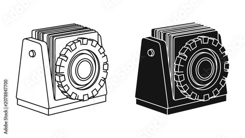 Fotografie Gear Mechanism Icon: A graphic illustration featuring a stylized gear mechanism in both outline and solid black versions, symbolizing industrial processes, mechanics, and engineering