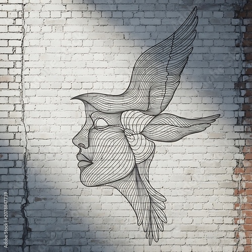 Artistic Wireframe Woman with Bird and Leaf Design on Brick Wall.