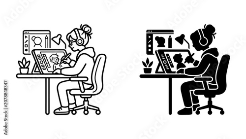 Fotografie Digital Artist at Work: A young woman, engrossed in her digital art, creates on her tablet with headphones on, surrounded by creative tools and a plant, symbolizing focus and modern artistry