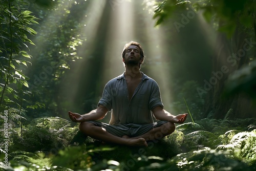 Man sits in meditation in a forest during midday sunlight