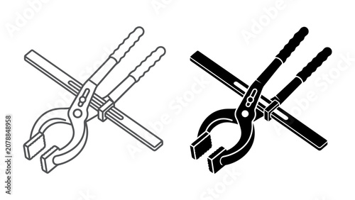 Foto Blacksmith Tongs and Anvil Concept: A stylized illustration depicting two blacksmith tongs, one in outline and the other in solid black, positioned diagonally over a simplified anvil