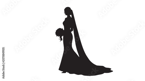 Elegant bride silhouette in long wedding dress with veil, graceful woman holding flower bouquet vector, bridal fashion profile on white background