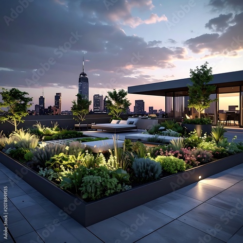 A serene rooftop garden overlooks a city skyline at dusk