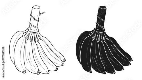 Fotografie Bunch of Bananas, Line Art and Silhouette: A stylistic depiction of a bunch of ripe bananas presented in both line art and silhouette form, showcasing their iconic curved shape