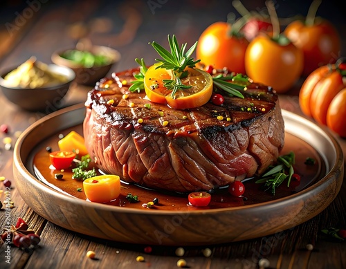 A savory dish of roasted meat with herbs and spices on a plate