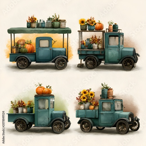Four vintage teal trucks filled with autumn harvest and flowers