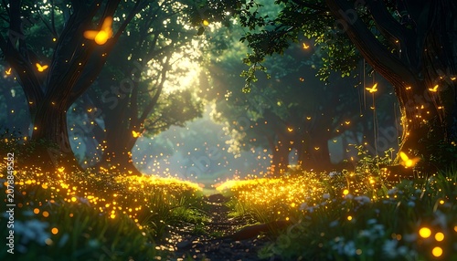 A serene forest path illuminated by fireflies on a sunny day (7)