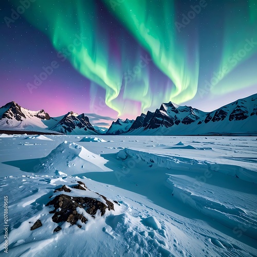 A serene winter landscape with snow-covered mountains and aurora (3)