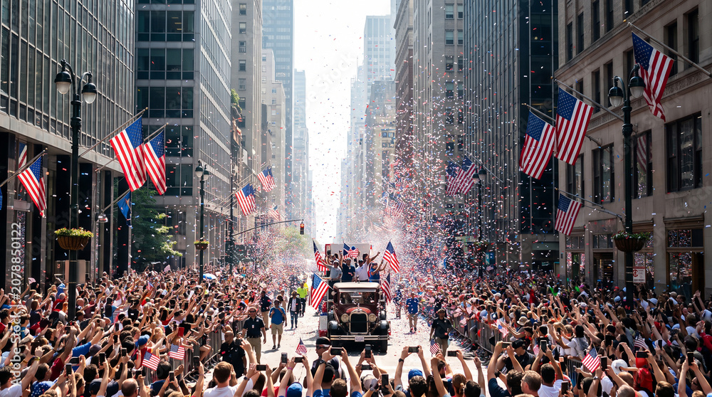 Obraz premium Crowd celebrating Fourth of July parade with confetti and American flags.