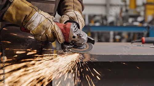 Worker grinding metal with angle grinder in industrial workshop