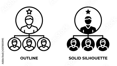 Fotografie Organizational Structure Icons: A visual representation of organizational hierarchy, featuring outline and solid silhouette icons of a leader with subordinates