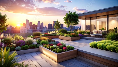 A serene rooftop garden with planters and a city view at sunset