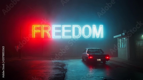 Car driving away on a wet foggy street at night under a glowing neon sign that says freedom
