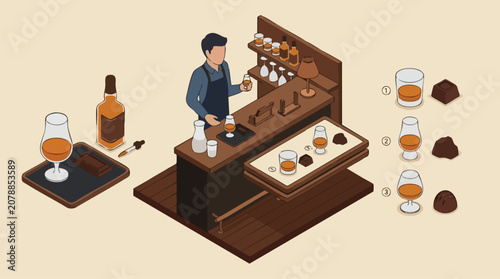 Whiskey Chocolate Pairing Illustration for Tasting Menu Bar Service and Flavor Guide