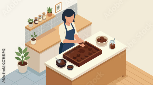 Chocolate Truffle Making in a Cozy Isometric Kitchen for Baking and Dessert Illustration