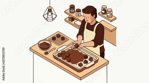 Chocolate Truffle Making Scene with Baker Rolling Sweets in Cocoa Powder for Bakery or Dessert Concept