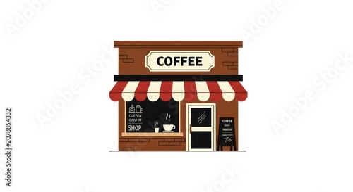 Brown coffee shop storefront with awning.