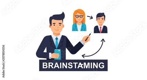 Businessman leading brainstorming session with team.
