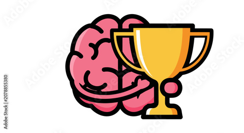 Quadro su tela Brain character holding a golden winner trophy cup.