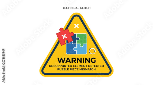 Tableau sur toile Yellow Triangle Warning Sign with Red Puzzle Piece Mismatch for Technical Glitch
