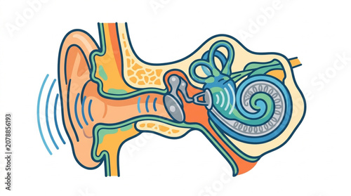 Tableau sur toile Diagram of the human ear anatomy showing sound waves entering.