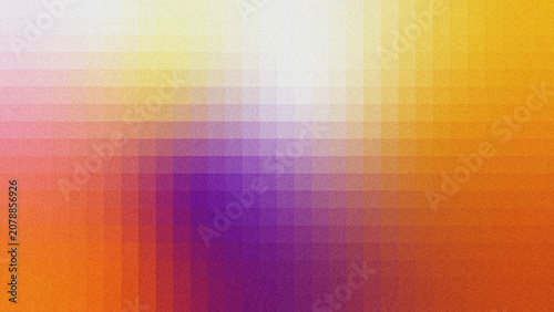 Konstfotografi Textured grainy noise abstract background with horizontal gradient grid layers, blending golden yellow, warm orange, soft pink, deep violet, and pale off-white tones