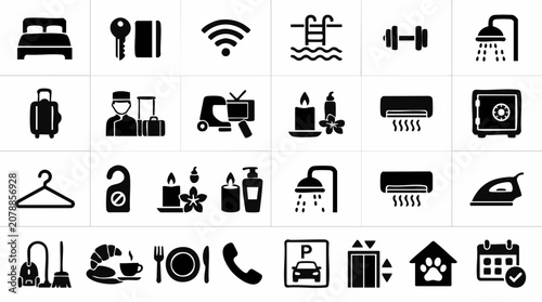 Foto Hotel Amenities and Services Icon Set for Travel and Accommodation