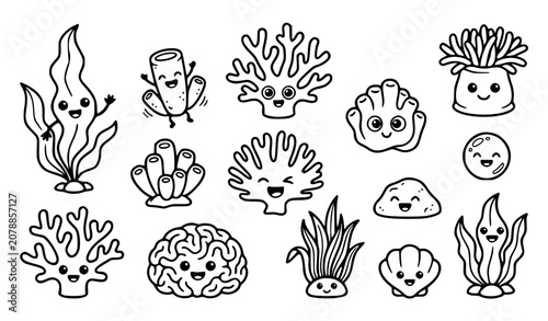 Bild auf Leinwand Cute kawaii underwater seaweed and coral reef character vector set with funny ca