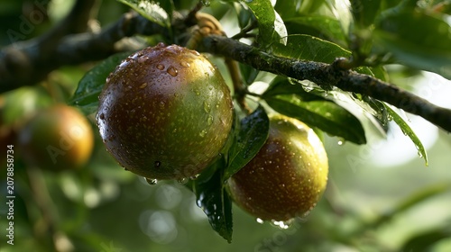 Close-up of ripe green and yellow oranges hanging on a tree branch in natural sunlight