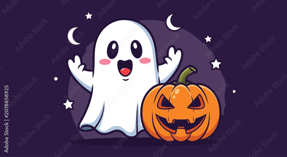 Fototapeta premium Cute ghost and jack-o-lantern on a starry night, happy halloween illustration