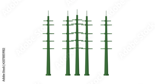 Four green miniature utility poles or power line towers with multiple cross-arms, arranged in a row against a white background.