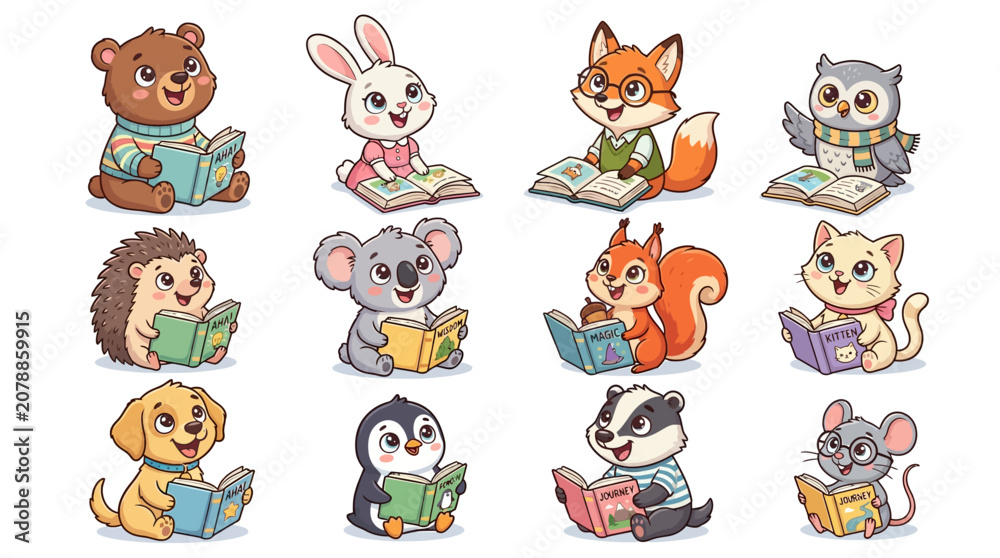 Fototapeta premium Collection of cute cartoon animals reading books in a happy learning atmosphere