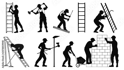 Konstfotografi Construction Workers Silhouettes Building and Repairing with Tools and Ladders V