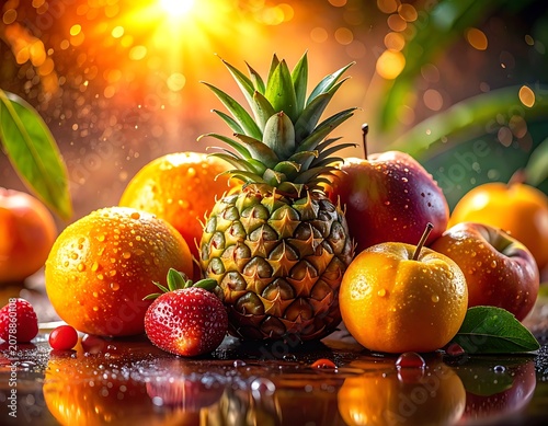 A vibrant still life of fresh fruits on a wet surface (1)