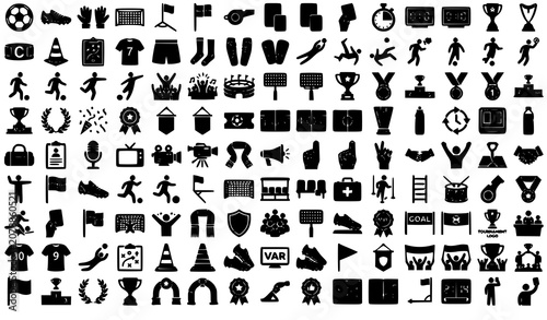 Football Championship Silhouette Icon Set Vector with Soccer Tournament Stadium Trophy and Sports Equipment Symbols