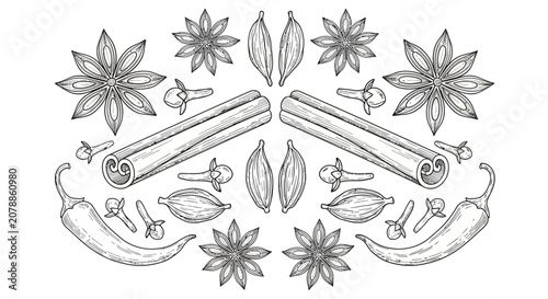 Foto Spices and herbs illustration with star anise and cinnamon.