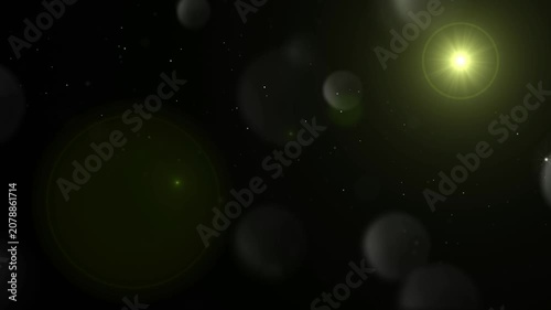 Lens flare glows brightly in the upper corner of a dark space filled with floating grey spheres.